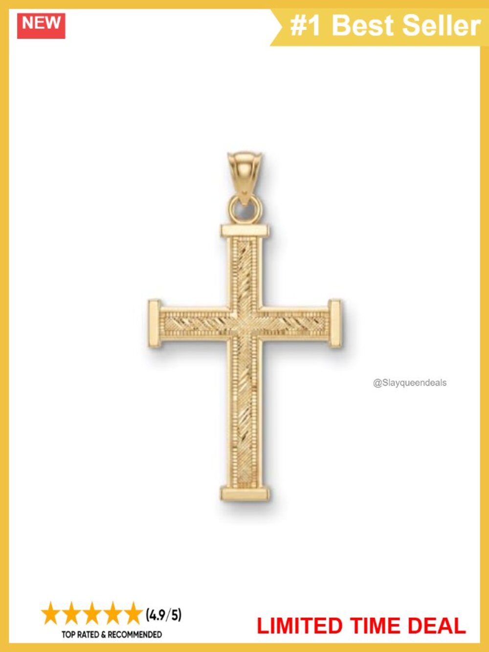 14K Yellow Gold Cross Pendant Textured Square Edge Religious Necklace